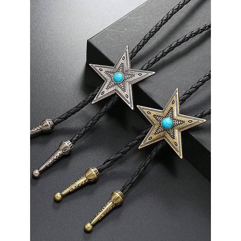 Men's Western Star Bolo Tie with Turquoise Center, Antique Bronze or Silver Metal, Adjustable Braided Leather Cord, Vintage Cowboy Rodeo Neckwear for Country Concerts, Weddings and Daily Wear4