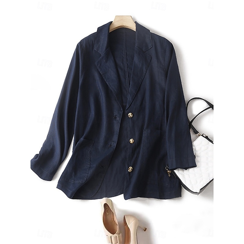 Women's Blazer Comfortable Breathable Pocket Buttons Casual Plain Office Street Casual Daily Wear Single Breasted Regular Turndown Loose Fit Long Sleeve Outerwear Navy Beige Summer Fall4