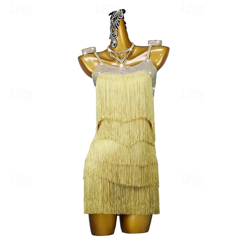 Latin Salsa Dance Dress Crystal / Rhinestone Tassel Pure Color Women's Performance Sleeveless Spandex3