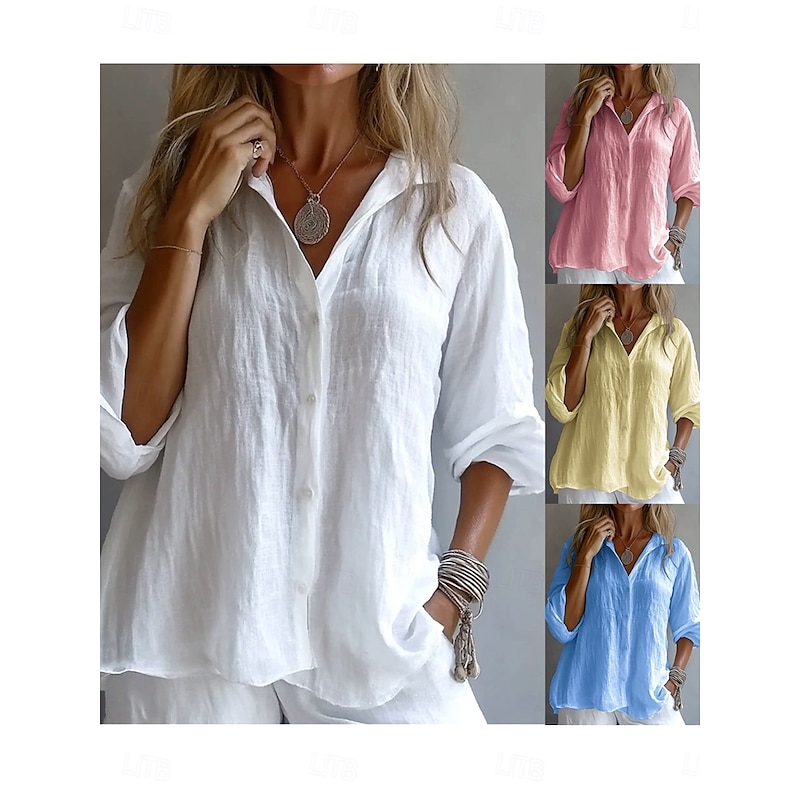 Women's 100% Cotton Shirt Solid Color Plain Stylish Casual Long Sleeve Shirt Collar Regular Tops Daily Holiday Buttons White Yellow Pink Blue Summer Spring