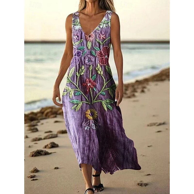 Women's Long Dress Maxi Dress Casual Dress Tank Dress Summer Dress African Daily Holiday Beach Regular Fit Floral Sleeveless V Neck White Purple Green Dark Purple Summer4