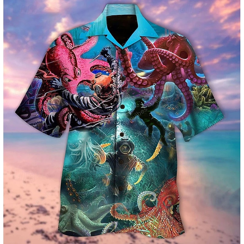Men's Tropical Octopus Shirt Summer Hawaiian Shirt Camp Collar Shirt Short Sleeve Shirt Turndown Fashion Designer Casual Street Casual Daily Blue-Green Sea Blue Yellow S M L3