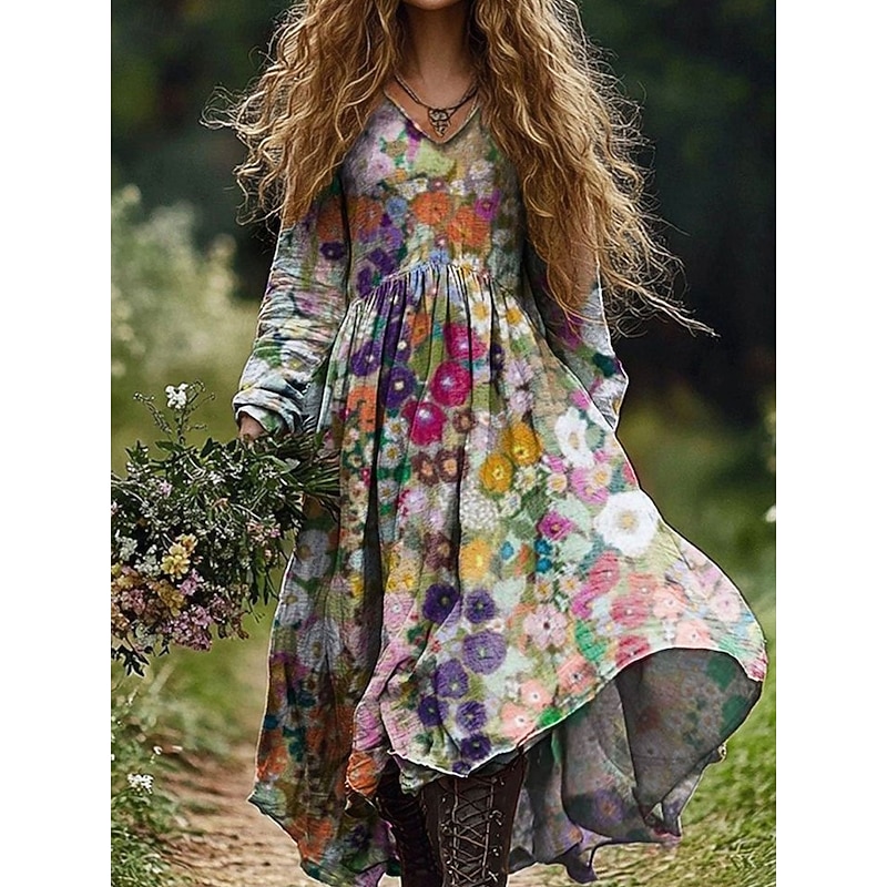 Women's Maxi Dress A Line Dress Vacation Casual Boho Going out Beach Loose Fit Floral Graphic Geometric Long Sleeve V Neck Pink Blue Orange Green Spring Fall