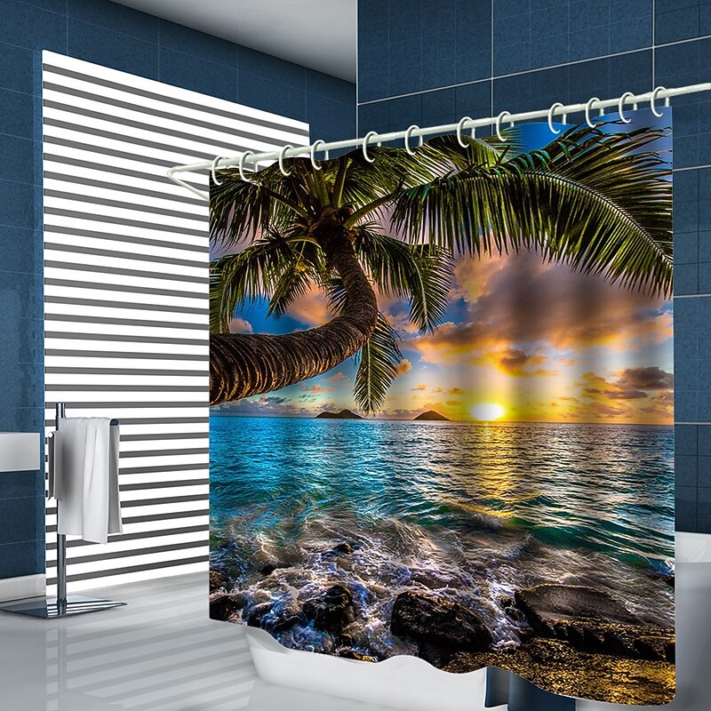 Sea Water Plant Landscape Printing With Hook Shower Curtain Modern Polyester Machining Waterproof Bathroom4