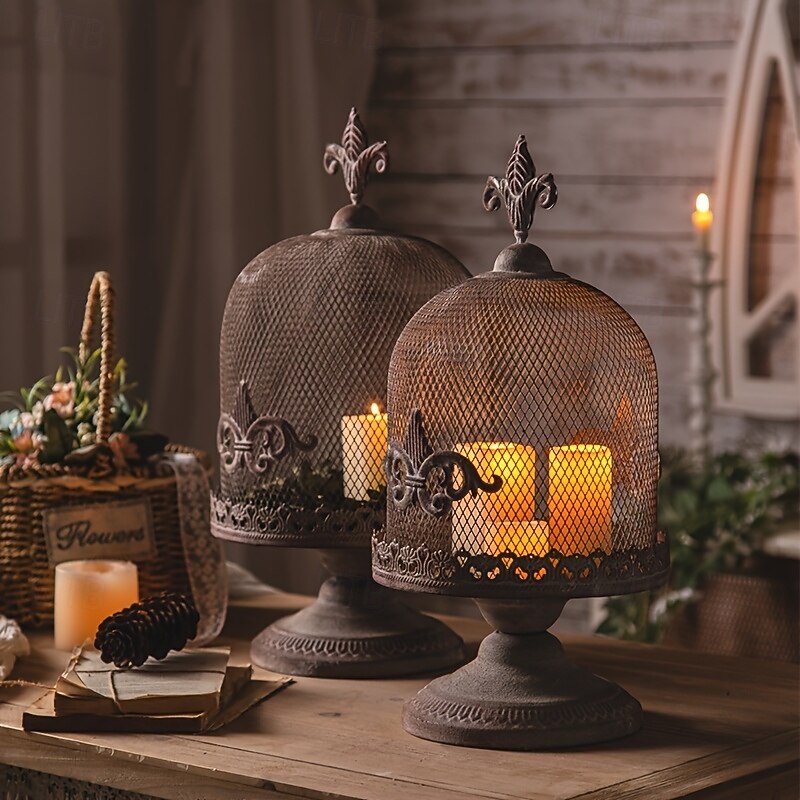 Vintage 1pc Bird Cage Candle Holder  Polished Metal Lantern with Stand Floral Theme Tabletop Decor - Versatile for Christmas Halloween Thanksgiving Valentine's Ramadan Gothic & Victorian Home A3