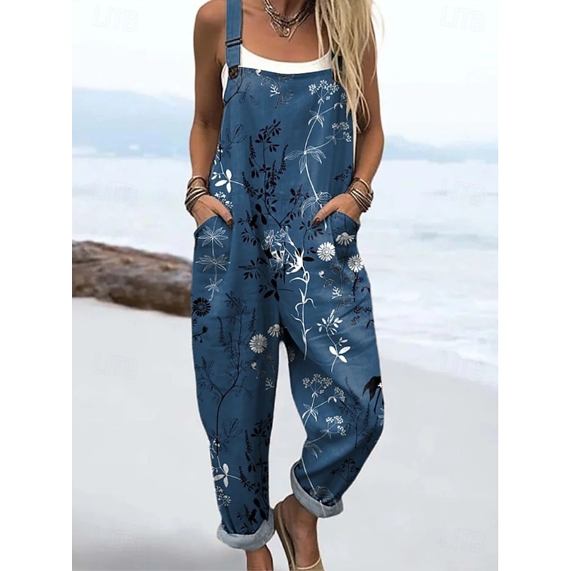 Women's Overall Active Floral Sleeveless Drawstring Vacation Street Loose Fit Navy Blue Blue Purple Summer - Main Image