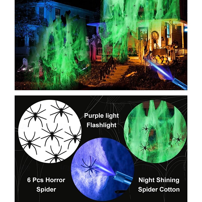 Halloween Glow in The Dark Spider Web with  Extra Fake Spiders Halloween Outdoor Luminous Decorations for Indoor and Garden Haunted House Party Supplies4