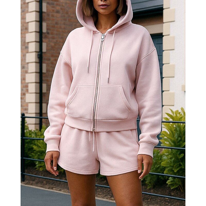 Women's Tracksuit Sweatpants Hooded Jacket Drawstring Zipper Pocket Solid Colored Clothing Suit Spring Dark Grey Dark Pink Gym Training Running Windproof Long Sleeve Sport Activewear Micro-elastic3