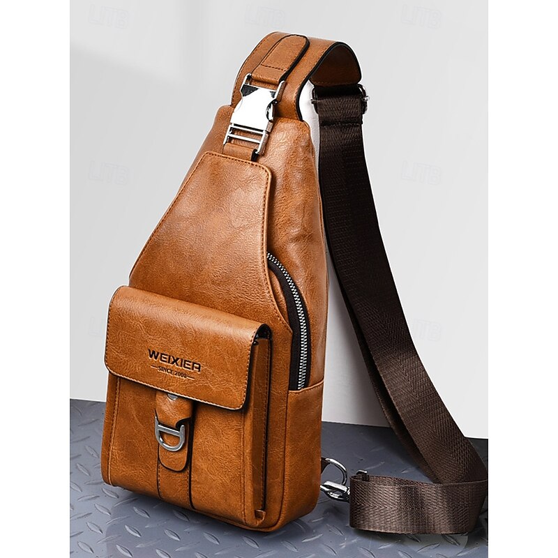 Men's Brown Faux Leather Crossbody Bag - Waterproof and Scratch-resistant Chest Bag with Adjustable Shoulder Strap for Travel, Work or Daily Casual Party Use2