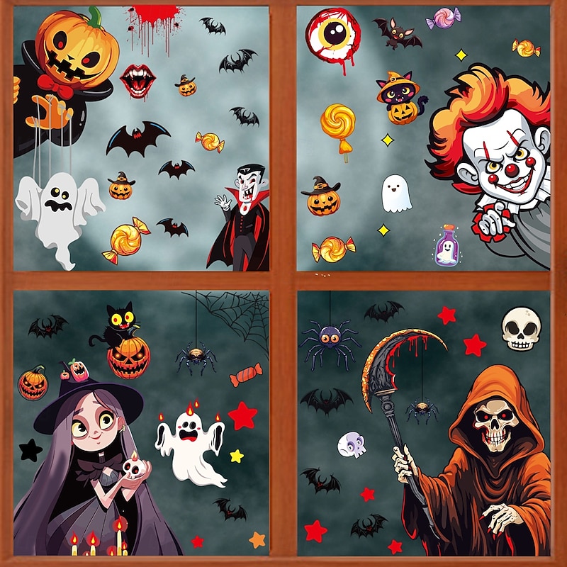 6 Sheets Halloween Window Cling Sticker Decals, Double-Sided Glass Window Decorations with Skeleton, Bat, Witch and Grim Reaper, Mall Storefront Scene Decor2