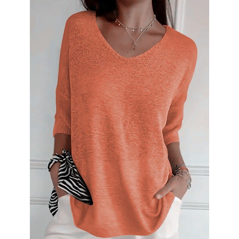 Women's Blouse Solid Color Basic Casual 3/4 Length Sleeve V Neck Regular Tops Daily Black Yellow Red Green Apricot Fall Winter Prefall4