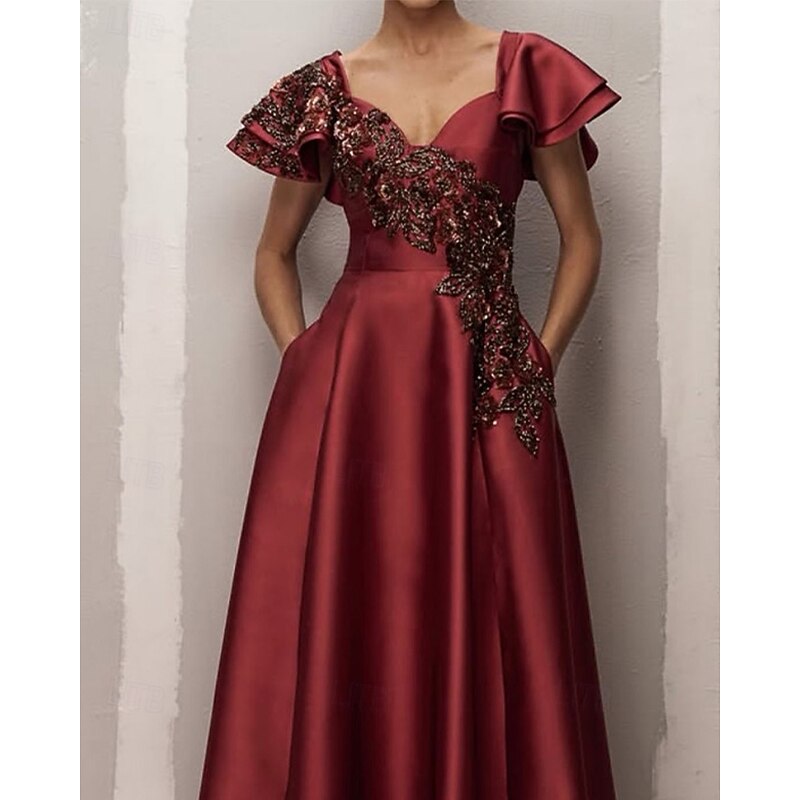 Rust A-Line Evening Gown Elegant Dress Formal Wedding Floor Length Ruffle Short Sleeve Satin with Beaded Lace Applique and Pockets2