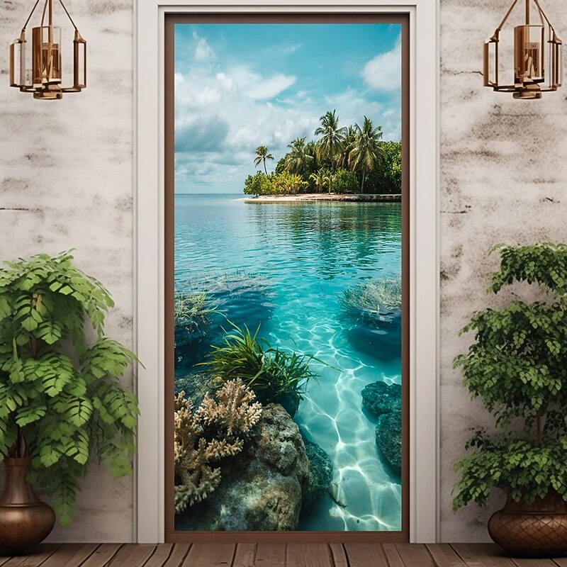 Landscape Ocean Beach Door Decorations Door Covers Door Tapestry Door Curtain Decoration Backdrop Indoor/Outdoor Door Banner for Front Door Farmhouse