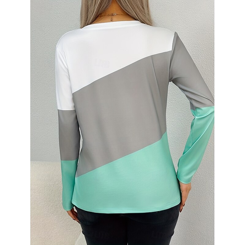 Women's T shirt Long Sleeve Crew Neck Long Sleeve Tunic Graphic Geometric Color Block Vintage Stylish Classic Round Neck Regular Tops Daily Print Green Fall Prefall2