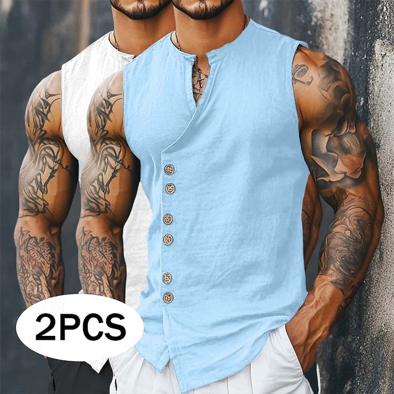 Men's Shirt Linen Shirt Summer Shirt Beach Shirt Vintage Shirt Sleeveless Shirt Plain Daily Streetwear White+khaki Khaki+Black Blue+Khaki White+Black Sleeveless Mandarin Collar Summer Spring Clothing