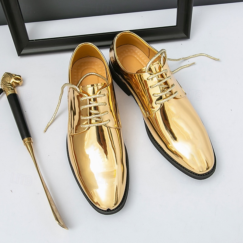 Gold Shiny Lace-Up Shoes for Men – Sleek Patent Leather Finish, Perfect for Weddings and Evening Formal Events2