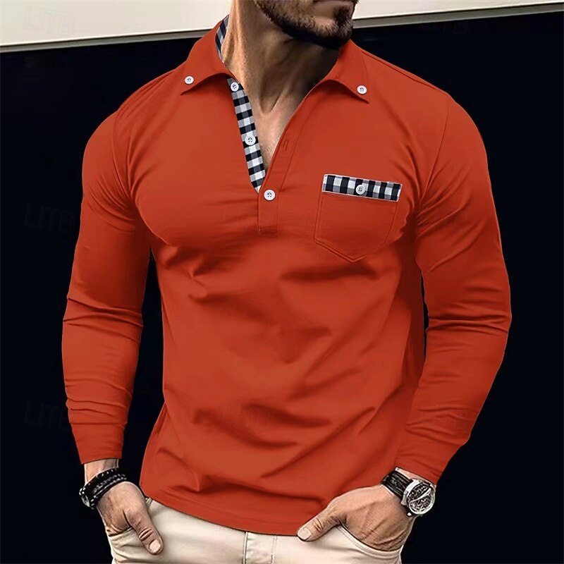 Men's Golf Shirt Golf Polos Shirts Work Casual Lapel Long Sleeve Basic Modern Plaid Color Block Patchwork Buttons Spring Fall Regular Fit Apricot Black White Wine Navy Blue Orange Golf Shirt