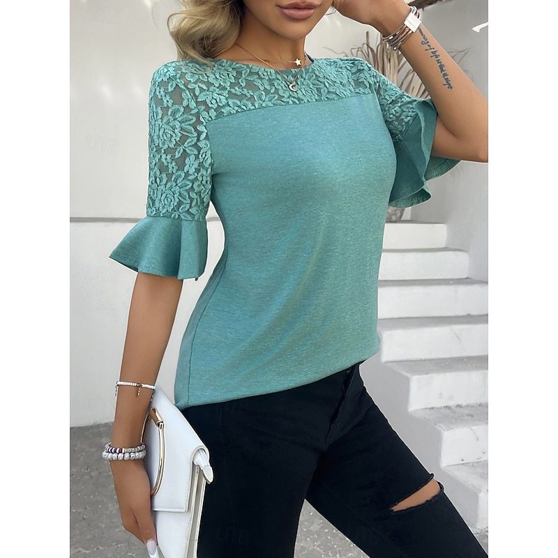 Women's Lace Shirt Solid Color Stylish Casual Half Sleeve Crew Neck Regular Tops Daily Lace Patchwork Black Pink Purple Green Summer2
