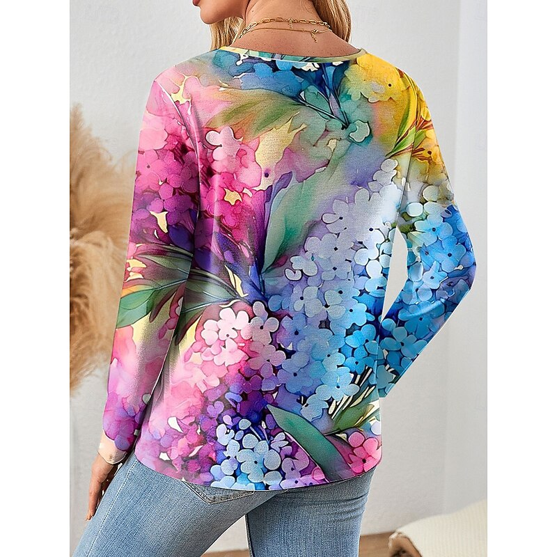 Women's T shirt Crew Neck Long Sleeve Tunic Floral Graphic Vintage Stylish Classic  Regular Tops Daily Weekend Print Pink Purple Green Spring Fall2