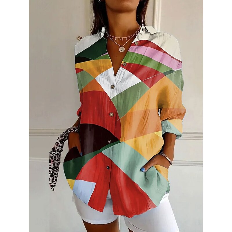 Women's Shirt Button Down Tunic Shirt Collar Long Sleeve Ombre Striped Marble Daily Stylish Casual Regular Tops Daily Holiday s Print Black Yellow Red Blue Spring3