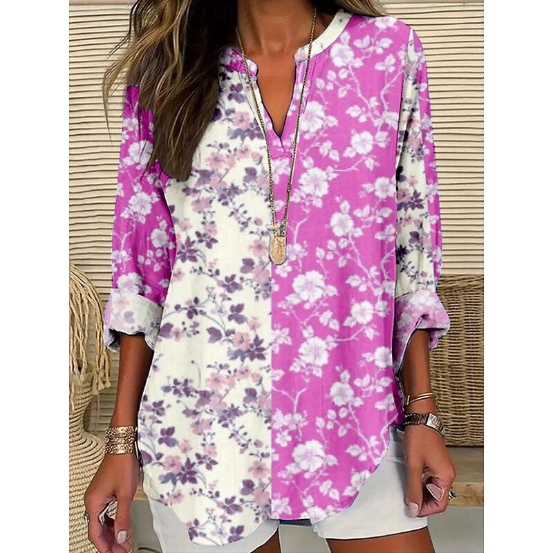 Women's Blouse Floral Stylish Modern Long Sleeve V Neck Regular Tops Daily Holiday Print Yellow Pink Blue Green Summer2