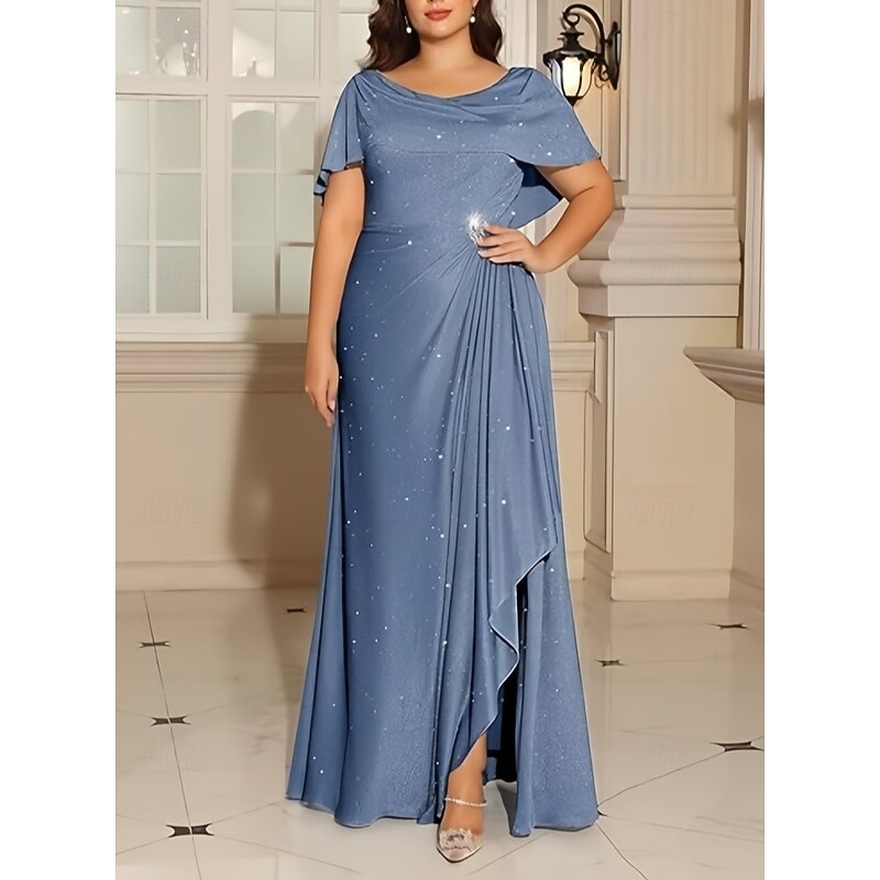 A-Line Wedding Guest Dresses Elegant Dress Wedding Guest Engagement Floor Length Short Sleeve Crew Neck Lurex Fabric with Pleats Crystals4