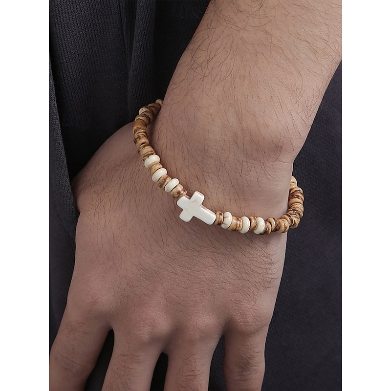 Men's Natural Wood Beaded Bracelet with Turquoise Cross – Handmade Bohemian Stretch Wristband for Casual Wear, Summer Outfits and Beach Vibes2