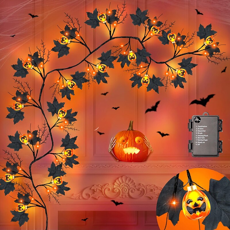 1.8M/6Ft 54 LED Beads Halloween String Lights Black Willow Lantern Pumpkin Bat Maple Leaf Wall Desktop Halloween Party Atmosphere Decorative Light AAA Waterproof Battery Box2