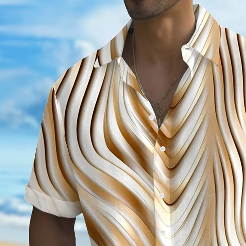 Men's Gradient Waves Shirt Summer Shirt Button Up Shirt Short Sleeve Fashion Casual Outdoor Vacation Dailywear Summer Spring Turndown 3D Print Collared Shirts Front One Pocket Khaki2