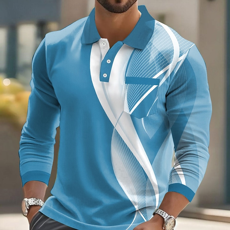 Men's Geometric Line Polo Long Sleeve Polo Shirts Collared Shirts Business Casual Business Athleisure Daily Wear Pocket 3D Print Buttons Spring Fall Winter Black Blue Sky Blue2