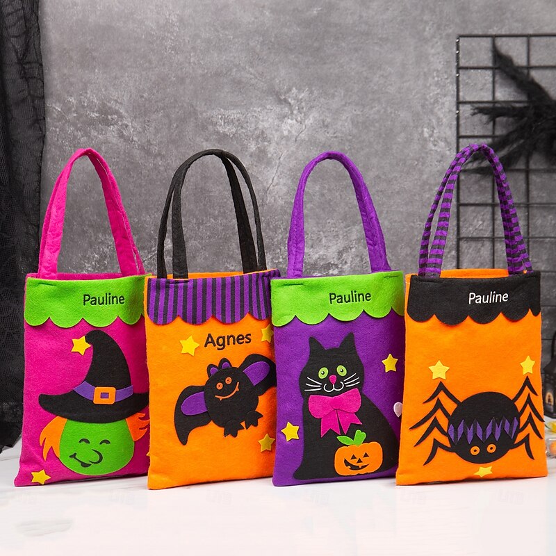 Personalized Name Halloween Treat Bag for Kids Custom Candy Tote Bag Basket for Trick or Treat, Eye-Catching Non-Woven Fabric Bag with Large Capacity, Mysterious Color Options, Perfect for Candy and Party Photos