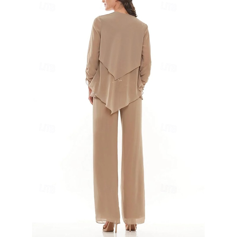 Pantsuit 3 Piece Mother of the Bride Wedding Elegant Crew Neck Floor Length Chiffon Long Sleeve with Lace Ruffles3