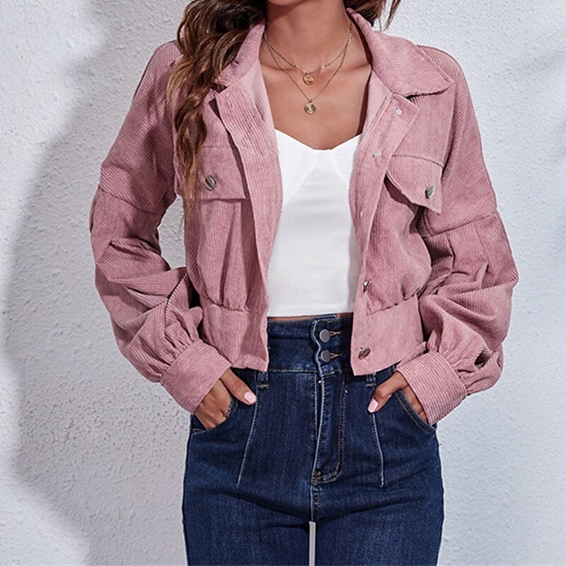 Women's Casual Jacket Warm Comfortable Corduroy Fashion Outdoor Plain Going out Weekend Zipper Regular Turndown Regular Fit Long Sleeve Outerwear Pink Fall Winter4