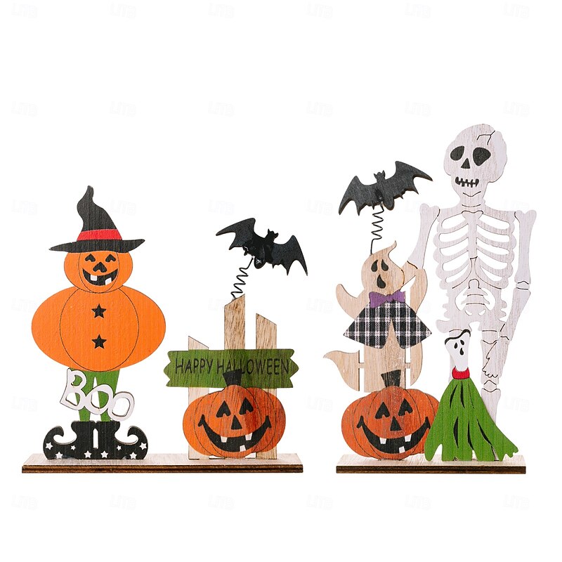 2pcs Halloween Wooden Skeleton Tabletop Decoration, Springy Skull with Pumpkin and Bat, Spooky Desktop Ornament for Halloween Party Decor2