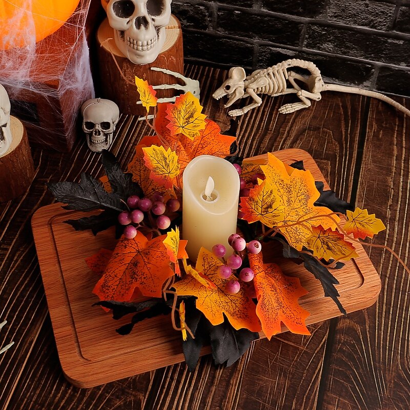 Halloween Candle Ring Wreath with Maple Leaves and Roses, Table Centerpiece Decoration, Party Decor Accent