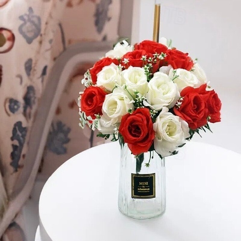 Artificial Rose Bouquet with 18 Roses and Small Flowers, Handheld Floral Arrangement for Home Decor, Festivals, and Wedding Bouquets3