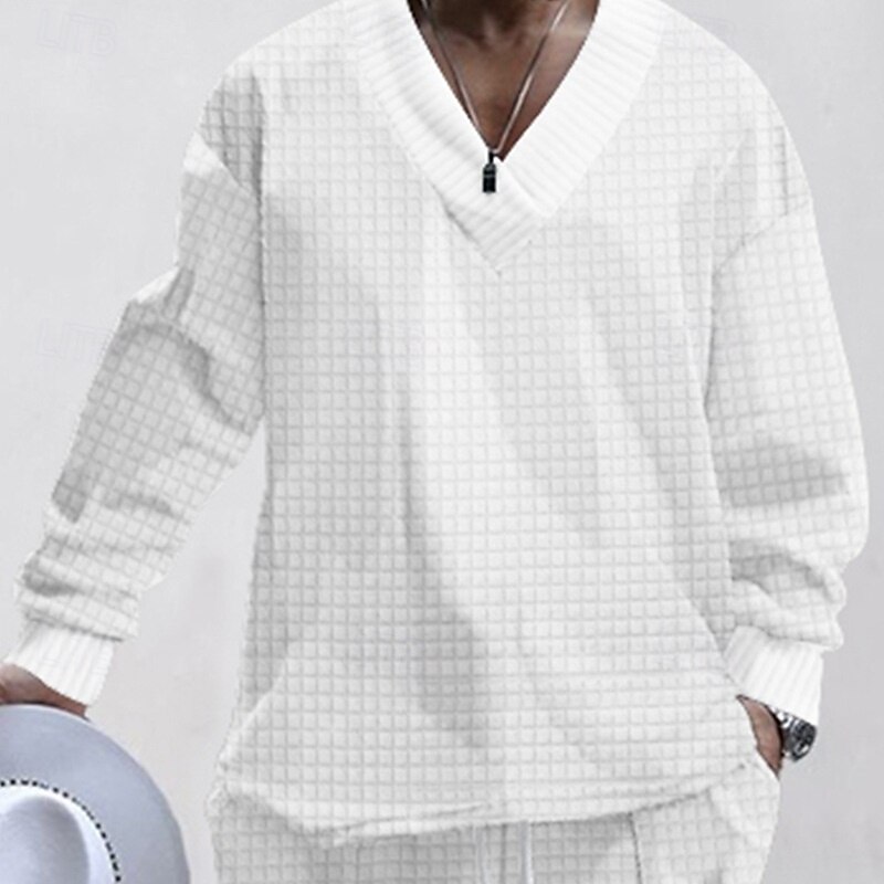 Men's Waffle Sweatshirt Black White Khaki Light Grey Dark Gray V Neck Plain Oversized Casual Daily Holiday Streetwear Cool Casual Spring &  Fall Clothing Apparel Hoodies Sweatshirts2