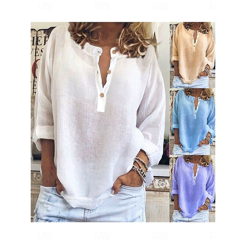 Women's Shirt Solid Color Plain Stylish Casual Long Sleeve V Neck Notched Neck Regular Tops Daily Buttons White Yellow Blue Purple Summer Spring