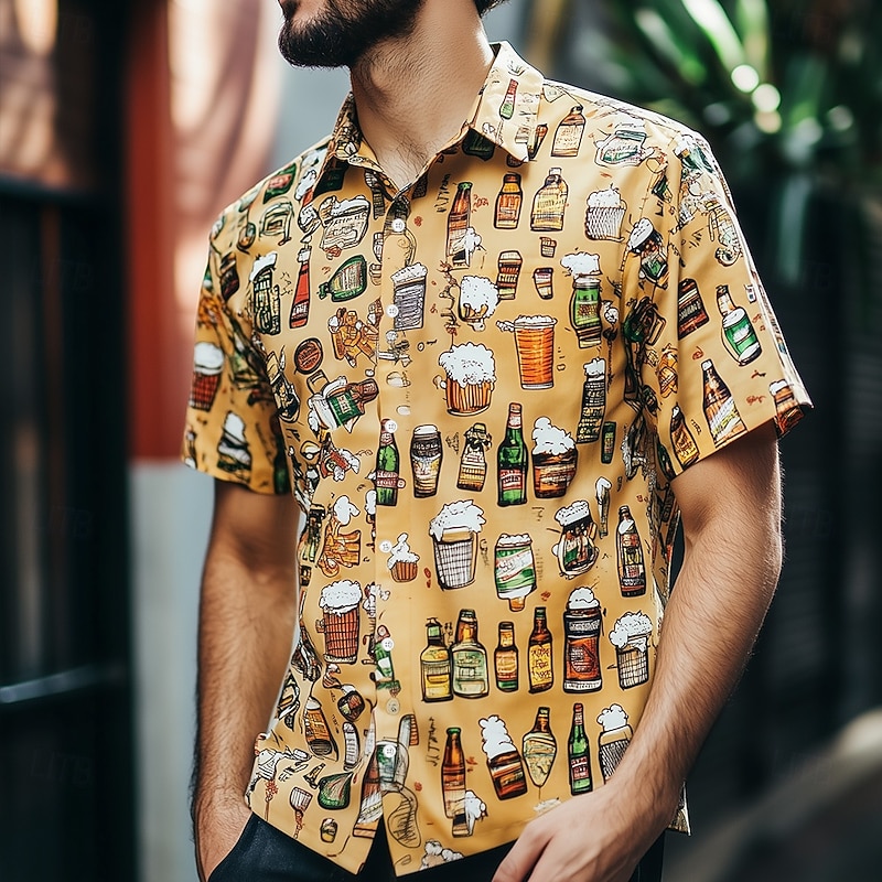 Men's Oktoberfest Beer Shirt Summer Shirt Button Up Shirt Short Sleeve Fashion Casual Outdoor Holiday Summer Spring Turndown 3D Print Collared Shirts Orange Khaki2