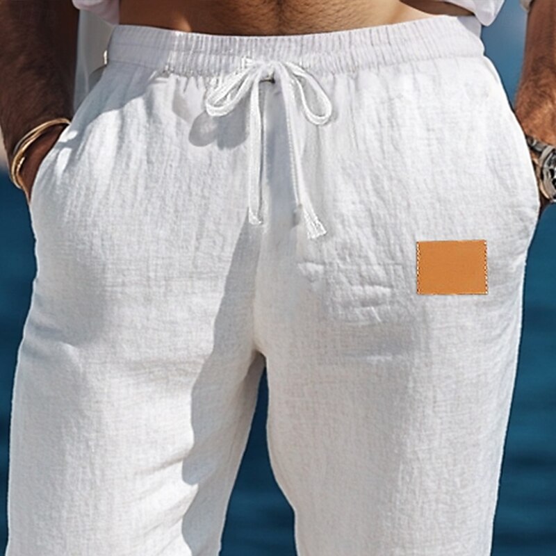 Men's Linen Pants Trousers Summer Pants Baggy Pants Beach Pants Elastic Waist Drawstring Straight Leg Plain Comfort Breathable Full Length Outdoor Holiday Beach Vacation Fashion White Army Green2