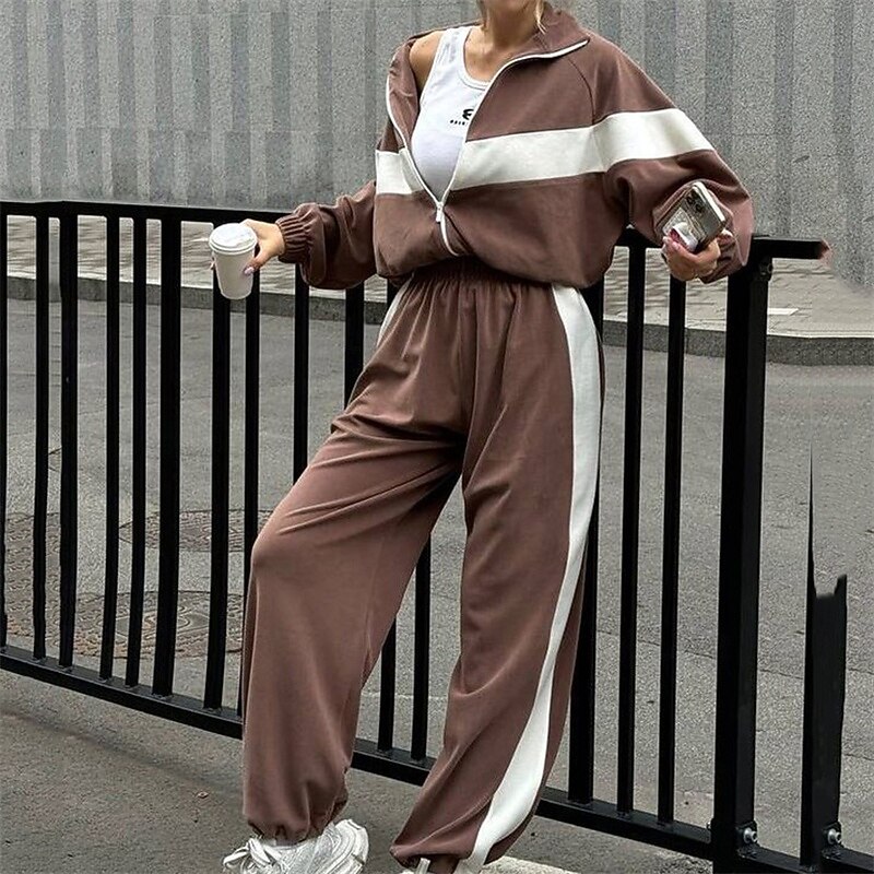 Women's Tracksuit Sweatsuit Activewear Set Pocket Color Block Clothing Suit Fall White Burgundy Gym Workout Sports Thermal Warm Windproof Soft Long Sleeve Sport Activewear Micro-elastic Regular Fit