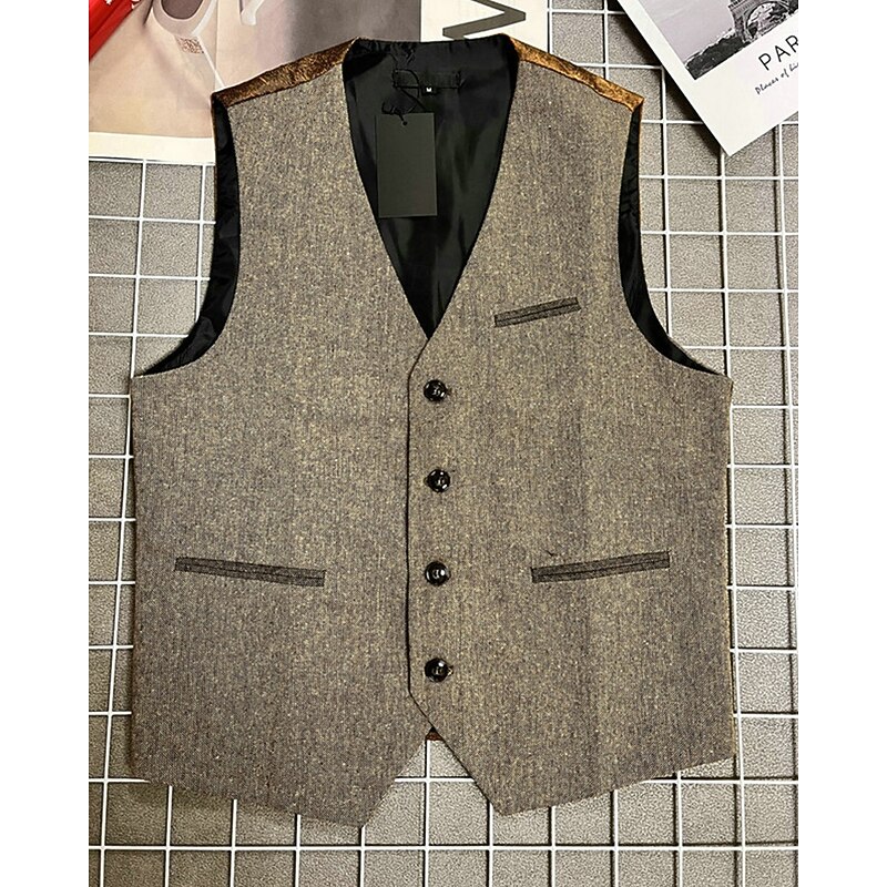 Men's Vest Waistcoat Gilet Vacation Party Business Fashion Casual Summer Spring Pocket Buttons Polyester Comfortable Color Block Single Breasted One-button V Neck Regular Fit Coffee Vest3