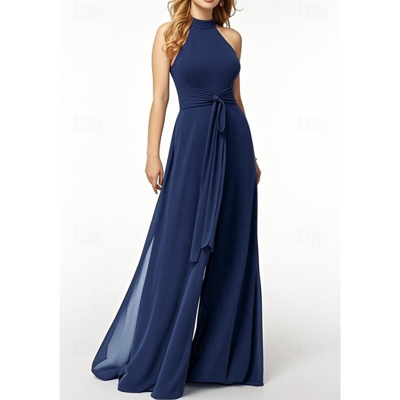 Jumpsuits Wedding Guest Dresses Elegant Dress Wedding Guest Engagement Floor Length Sleeveless Halter Neck Chiffon with Pocket Strappy4