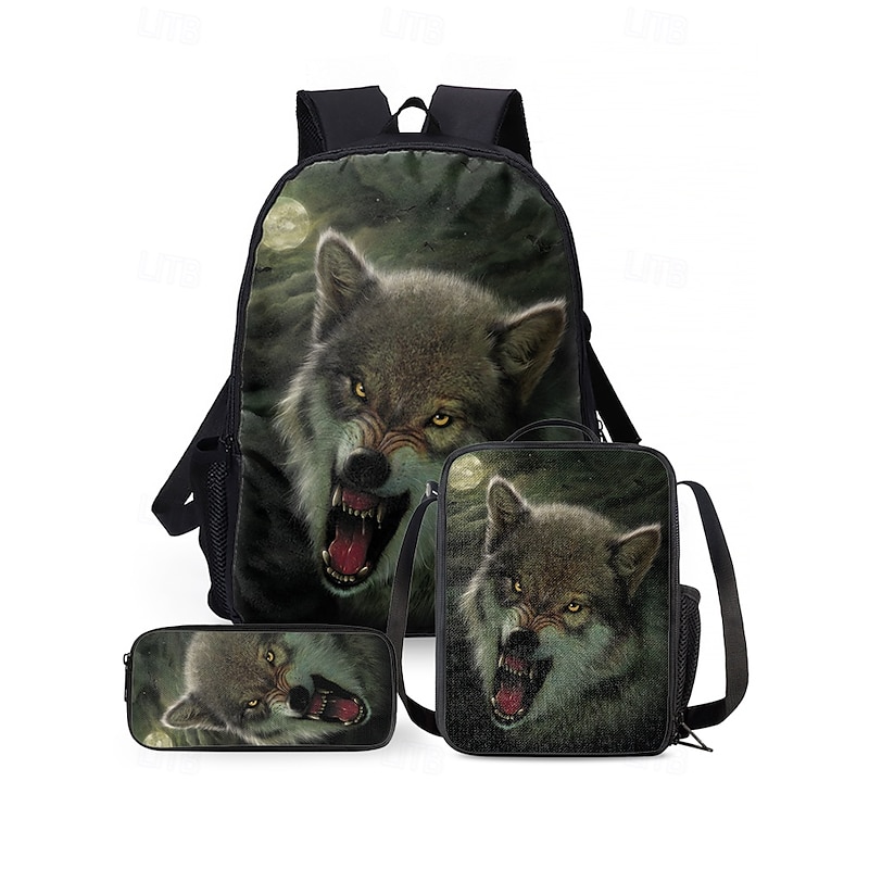Men's 3-Piece Wolf Design Backpack Set - Durable, Trendy School, Travel, and Casual Use - Features Wild Animal Art, Adjustable Straps and Multiple Compartments Vincent Hie