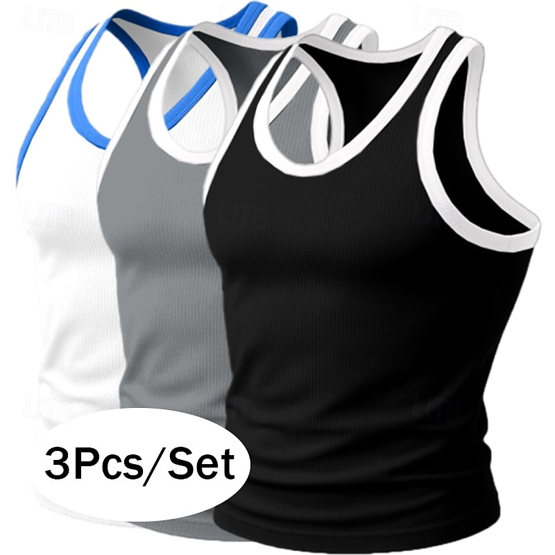 3Pcs Men's Tank Top Undershirt Sleeveless Shirt Wife beater Shirt Sleeveless U Neck Scoop Neck Summer Color Block Pit Strip Fashion Designer Sporty Tank Top