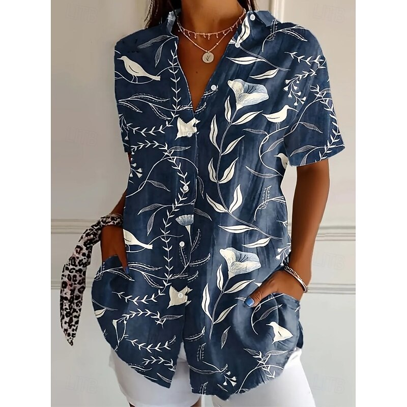 Women's Shirt Long Sleeve Button Down Blouse Floral Graphic Vintage Tropical Daily Sleeveless Short Sleeve Shirt Collar Regular Tops Daily Navy Blue Light Blue Summer Spring