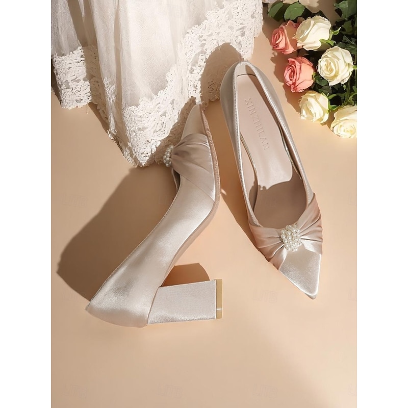 Women's Ivory Satin Block Heel Wedding Pumps, Pointed Toe Pearl Embellished Formal Bridal Shoes for Elegant Ceremonies4