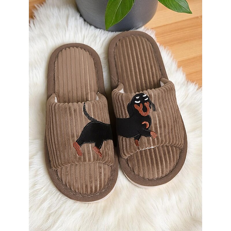 Women's Plush Dog Embroidery Indoor Slippers, Cozy Corduroy Slides, Perfect for Home Relaxation and Lounging2