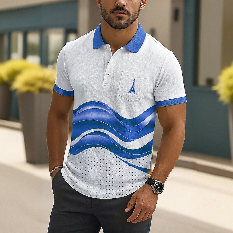 Men's Eiffel Tower Line Polo Short Sleeve Polo Shirts Collared Shirts Business Casual Outdoor Athleisure Daily Wear Buttons Pocket 3D Print Summer Blue Gold3
