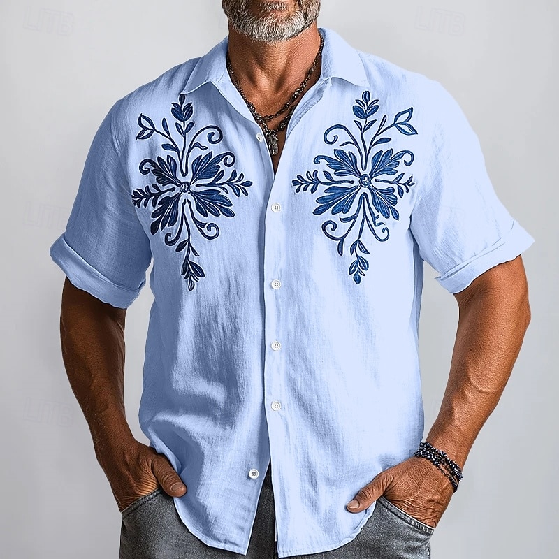 Men's Linen Shirt Summer Shirt Beach Wear Button Up Shirt Floral Vacation Casual White Blue Khaki Short Sleeve Turndown Summer Spring Clothing Apparel2